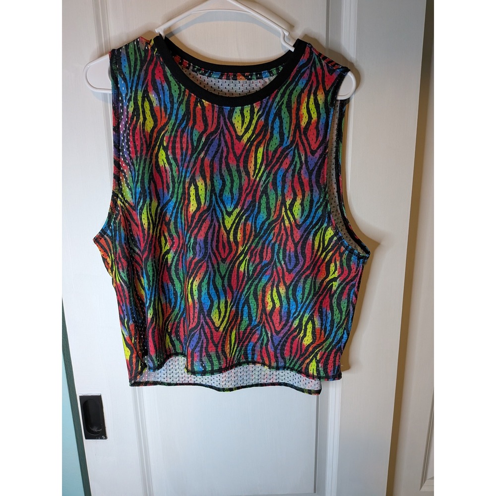Zumba Wear Rainbow Zebra Mesh Crop Tank Top Womens Large Athletic Dancewear